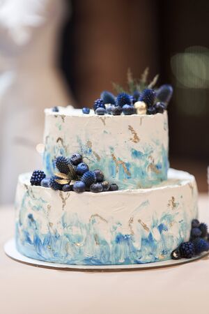 Wedding cake with blue berries. Stylish cake decorated with blueberriesの写真素材