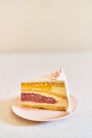 Sweet piece of cake on a plate. A piece of wedding cake.