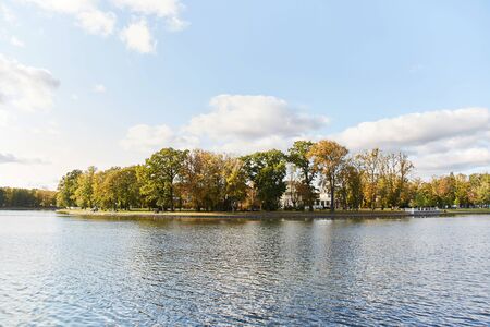 Beautiful autumn park.  Autumn park with a lake. Autumn trees and leaves. Autumn Landscape. Forest...