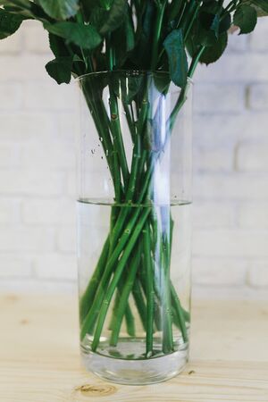 The stems of flowers in a bouquet in a vase.の写真素材
