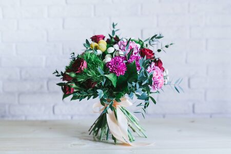 Delicate beautiful bouquet of flowers close up.の写真素材