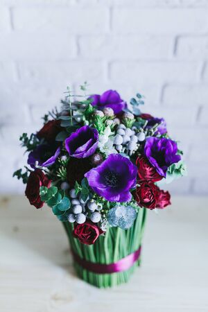 Delicate beautiful bouquet of flowers close up.の写真素材
