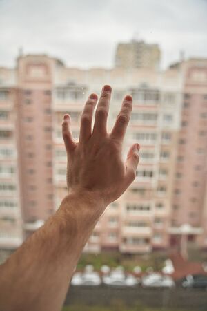 Young man on self-isolation. Stay home. Hand on the window.の写真素材