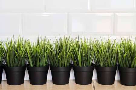 Artificial green grass in black plastic pots on a background of white bricks.の写真素材