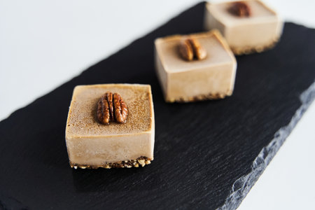 Healthy desserts on a black tray. Proper gluten-free nutrition.