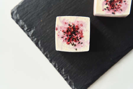 Healthy desserts on a black tray. Proper gluten-free nutrition.