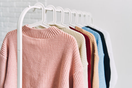 multicolored womens woolen sweaters on hangers. Sale in a fashion storeの写真素材