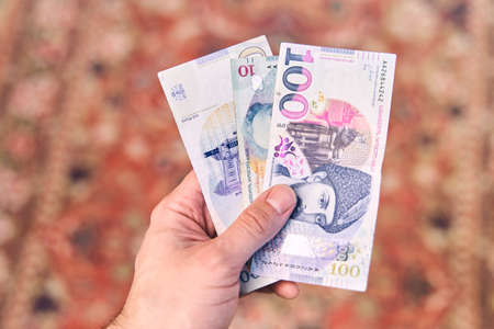 Georgian national currency is Lari. Georgian money in a mans hand.の写真素材