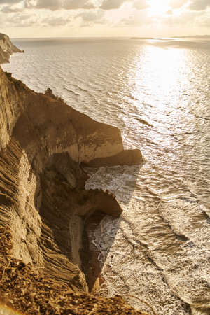 View of Logas Beach and the amazing rocky cliff in Peroulades. Corfu island. Greeceの写真素材
