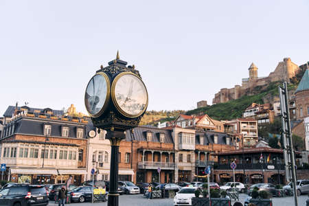 Tbilisi, Georgia - 04.18.2021: Old Clock on Vakhtang Gorgasali Square in Tbilisiのeditorial素材
