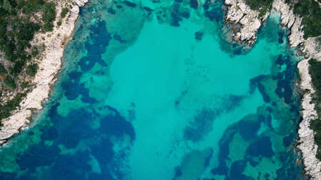 Aerial view of Porto Timoni beach and pirate bay on Corfu island in Greeceの写真素材