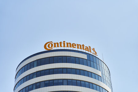 Novi Sad, Serbia - 06.06.2021: Tire making brand sign - Continental on a skyscraper.