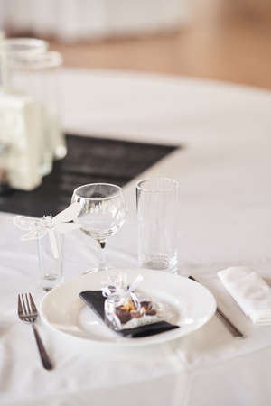 Table set for an event party or wedding reception.