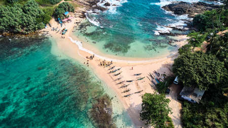 Aerial view of blue beach island. Drone view of the beaches of Sri Lanka