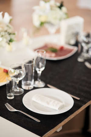 Table set for an event party or wedding reception.