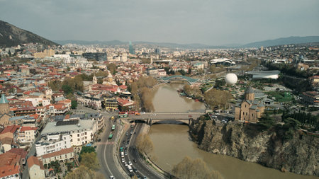 Aerial view of the old town district and the Kura River of Tbilisi