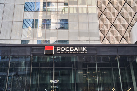 Moscow, Russia - 30.07.2022: Rosbank Societe Generale logo on glass office facade in Moscowのeditorial素材