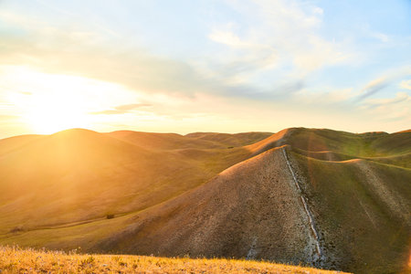 View of the Long Mountains Ridge. The beginning of the Ural mountains. Orenburg region.