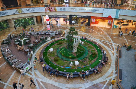 Moscow, Russia - 30.07.2022: Interior of Afimall shopping center in business center Moscow City. Top viewのeditorial素材