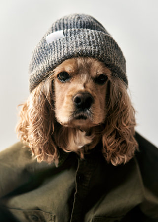 A fawn American Cocker Spaniel in a hat and shirt looks at the camera. Cocker spaniel dog dressed up as a human.の写真素材