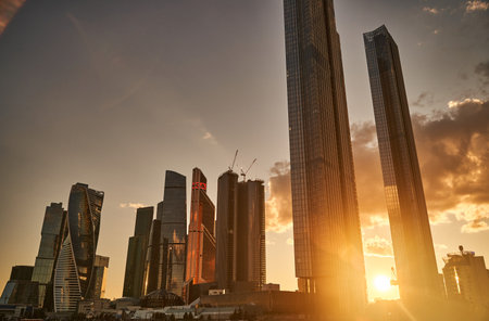 Moscow, Russia - 30.07.2022: View of skyscrapers at Moscow City at sunset. International Business Centerのeditorial素材