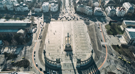 Aerial view of the Heroes Square and the Millennium Monument in Budapest