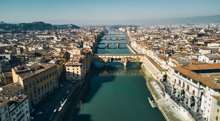 Aerial view of Ponte Vecchio bridge and Arno river in Florenceの写真素材