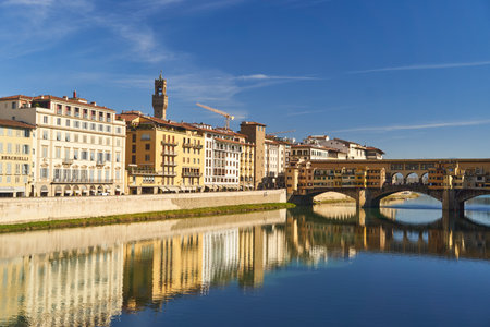 Florence, Italy - 12.02.2023: View of the famous Ponte alle Grazie bridge and the Arno river in Florenceのeditorial素材