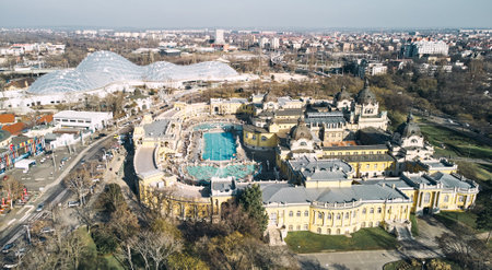 Aerial drone view of the famous Szechenyi Thermal Bath and Spa on a sunny autumn day in Budapest, Hungary.の写真素材