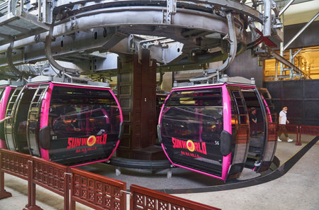 Da Nang, Vietnam - 29.06.2023: The famous and longest cable car to the French village of Ba Na Hills...