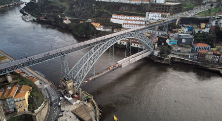 Panoramic aerial view of Dom Luis Bridge in Porto.
