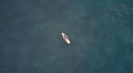 Aerial view of the ocean and surfer girl.