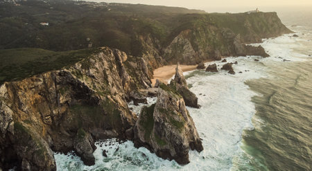 Aerial view of Cabo da Roca, the westernmost point of the European continent.の写真素材