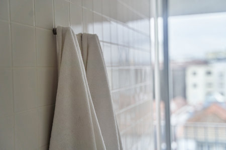 Two white towels hanging in the hotel shower roomの写真素材