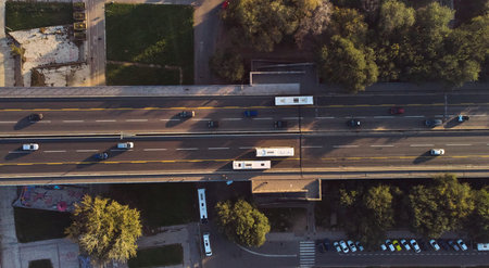 Aerial view of the road bridge across the Sava river. Road on the bridge with moving cars view down.の写真素材