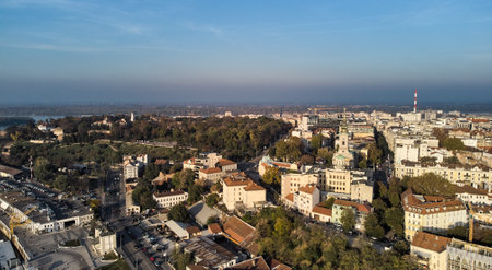Ancient city houses in Belgrade aerial view. Densely populated urban area with houses landscape.の写真素材