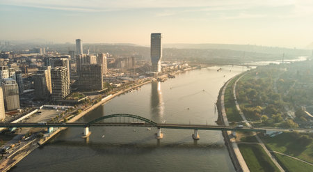 Aerial view of the new district of Belgrade - Belgrade on the water. View of the Sava river and the green bridgeの写真素材