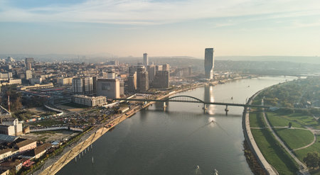Aerial view of the new district of Belgrade - Belgrade on the water. View of the Sava river and the green bridgeの写真素材