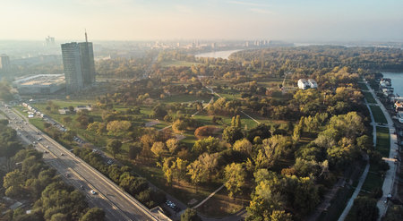 Aerial view of a highway among a park in the Usce. Urban landscape aerial.の写真素材