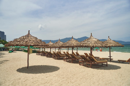 Straw sunshades and sunbeds on the empty sandy beach with sea in the backgroundの写真素材