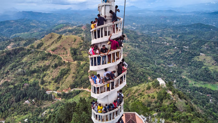 Aerial view of Ambuluwawa Tower in central Sri Lankaの写真素材