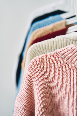 multicolored womens woolen sweaters on hangers. Sale in a fashion storeの写真素材