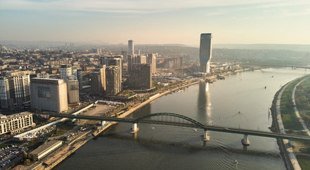 Aerial view of the new district of Belgrade - Belgrade on the water. View of the Sava river and the...
