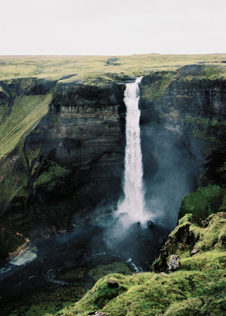 Top view of Icelandic huge waterfall called Haifoss. Grainy film in the style of old photosの写真素材