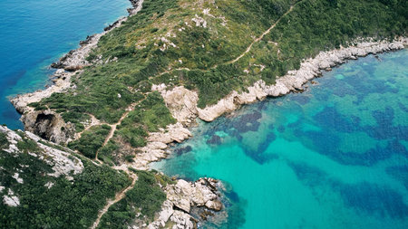 Aerial view of Porto Timoni beach and pirate bay on Corfu island in Greeceの写真素材