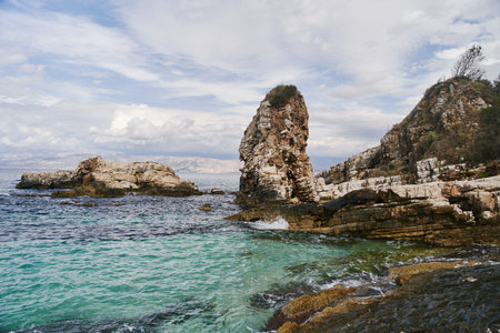 View of the stony coast of the Ionian sea on the islands of Corfuの写真素材