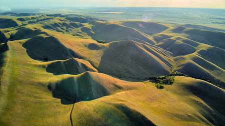 Aerial View of the Long Mountains Ridge. The beginning of the Ural mountains. Orenburg region.の写真素材