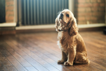 American Cocker Spaniel sitting on the floorの写真素材