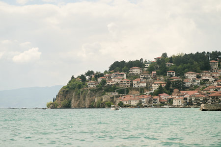 View of the old town of Ohrid from the side of the lake. North Macedonia