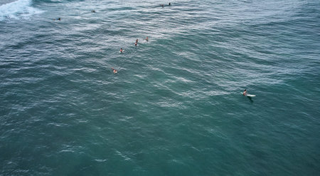 Aerial view of surfers waiting for the wave. Sri Lanka, Midigama